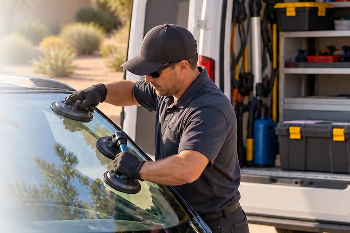 Technician fitting a new windshield onto a car