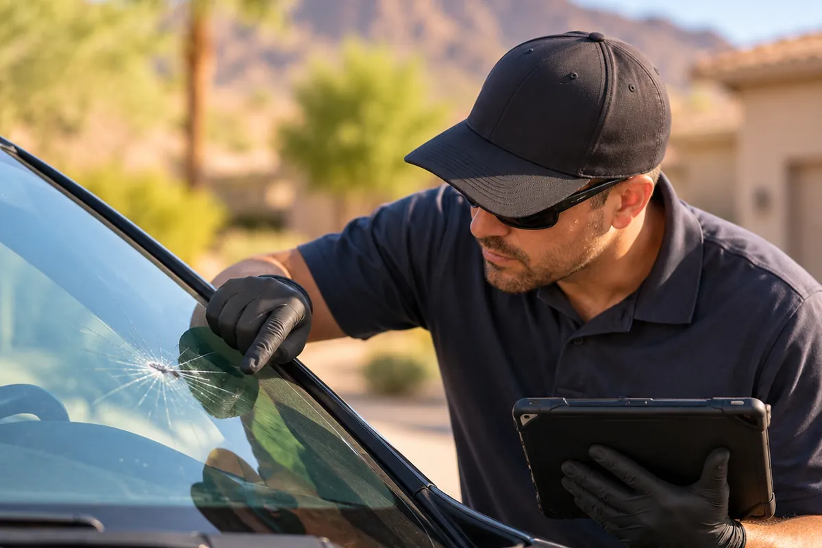 Technician inspecting a cracked windshield